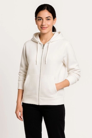 Velmora Fashion Kadın 3 İplik Kapüşonlu Tam Fermuarlı Kanguru Cepli Sweatshirt Hoodie - Beyaz