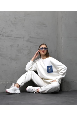 Calimera Kadın Sweatshirt 3 İplik Eşofman Takımı Oversize Beyaz