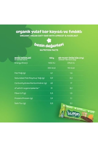 Organik Kayısılı Fındıklı Yulaf Bar 27 Gr 27 G