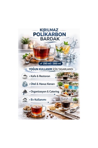 Polikarbon Kırılmaz Kulplu Bardak 250 Ml Cam Görünümlü Çay Kahve Bardağı Sıcak Soğuk Uyumlu Şeffaf