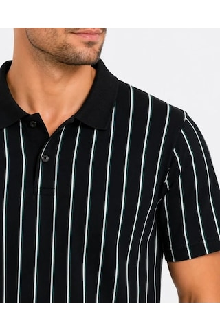 Defymoda Erkek Pike Kumaş Çizgili Polo Yaka Tişört Kısa Kol Yazlık T-shirt - Siyah