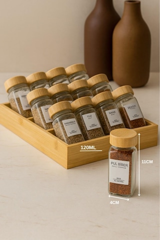 13 Parça Bambu Standlı Cam Baharatlık Seti 120 Ml - 12'li + 1 Standlı Baharatlık Takımı Şeffaf