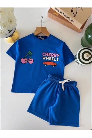 Magu Kız Çocuk Pamuklu Kiraz Ve Kaykay Baskılı T-shirt Şort Takım Mavi