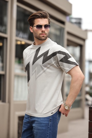 Madmext Boyalı Gri Baskılı %100 Pamuk Erkek T-shirt E7111 Boyalı Gri