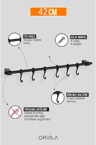 Siyah Metal Mutfak Ve Banyo Askısı 6 Kancalı Askı Demiri 42 Cm Çubuk