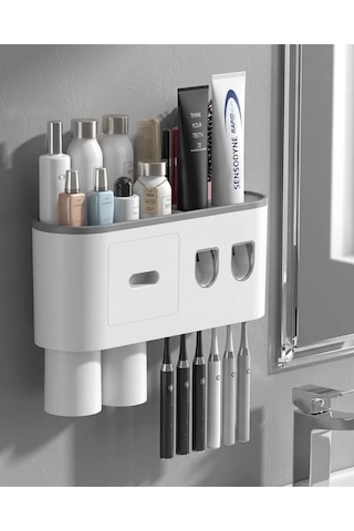 Northcity Otomatik Diş Macunu Dispenseri Çift Hazneli 6 Fırçalık Duvara Monte Banyo Düzenleyici Beyaz