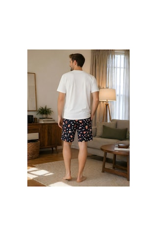 Pijamask Erkek Popcorn Baskılı Şotlu Pijama Takım Beyaz