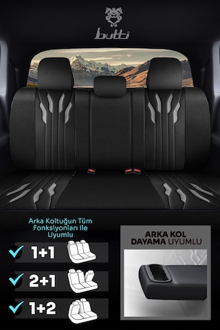 Siyah - Gri Garni Buttı Talos Serisi Premium Oto Koltuk Kılıfı Ortopedik Destekli, Ön Arka Tam Set, Aırbag Uyumlu