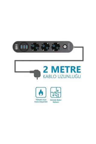 Akım Korumalı 3x Grup Priz Ve 3x Usb Şarj Çıkışı