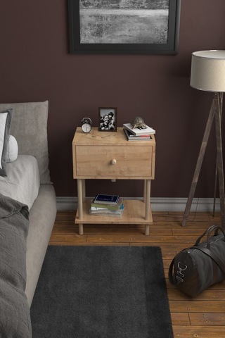 Düşer Kapaklı Raflı Modern Komodin Yatak Odası Başucu Düzenleyici Ahşap Ayaklı Yan Sehpa- Safir Meşe Safir Meşe