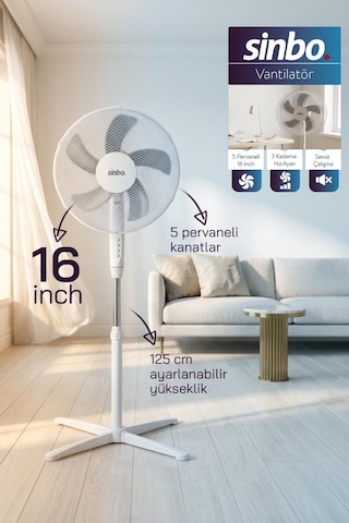 Sinbo Sf-7704 Ayaklı Vantilatör 16 İnç 35w Sessiz Fan 3 Kademeli Yükseklik Ayarlı Ev Tipi