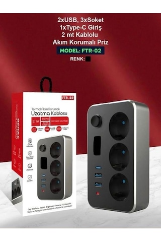 Elektrik Sigortalı Akım Korumalı 2-usb 1-pd Type-c 3'lü Priz 2 Me