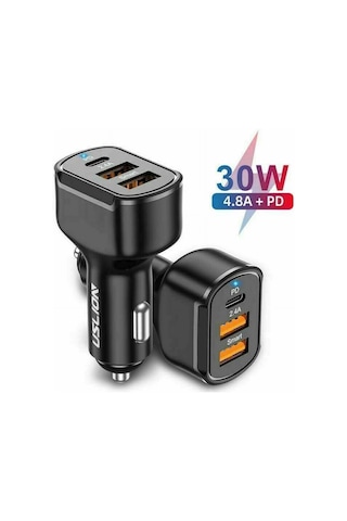 Springsun 30w Pd 3 Lü Usb Araç Şarj Cihazı, 2.4a Hızlı Şarj, Type-c + 2 Usb, İphone, İpad, Android Uyumlu, Siyah