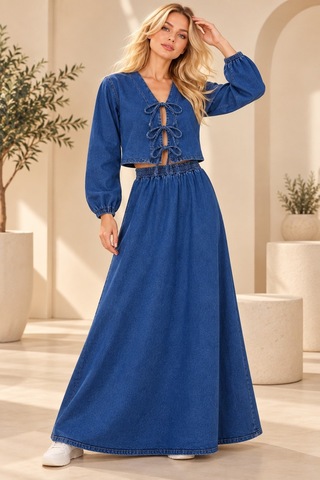Bul-al Kadın Bağlama Detaylı Denim Crop Ve Uzun Etek İkili Takım Lacivert