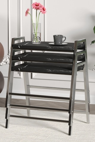 Zigon Sehpa , Aden 3'lü Tepsi Zigon Sehpa Takımı Gümüş Metal - Siyah Mermer Tabla Gümüş-siyah Mermer