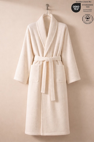 Çizgili Bornoz %100 Sertifikalı Pamuk Şal Yaka Unisex Banyo Bornoz / Sabahlık 340 Gr/m2 Krem Renk