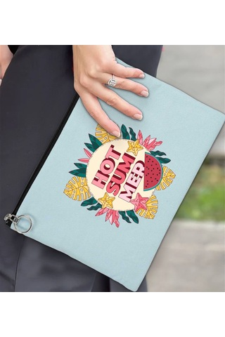 Bk Gift Yaz Temalı-8 Astarlı Açık Mavi Portföy Çanta 30x21cm, Baskılı El Çantası, Organizer Çanta