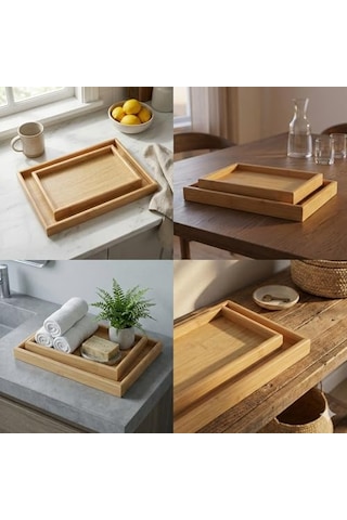 2'li Ekonomik Ahşap Bambu Tepsi Seti - Çay Kahve Sunum Ve Dekoratif Düzenleyici Tepsi 20x30 Cm & 35x25 Cm - Doğal