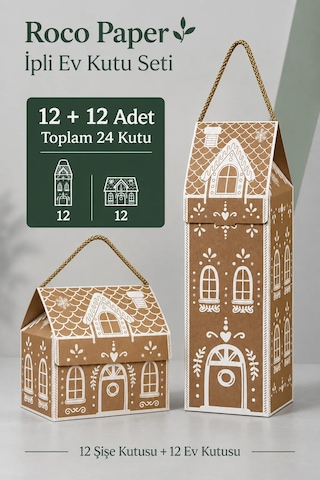 Yılbaşı Ev Temalı İpli Hediye Kutusu Ve Şişelik Seti - 24lü 12+12 , Yeniyıl Kurabiye Ev Temalı Set