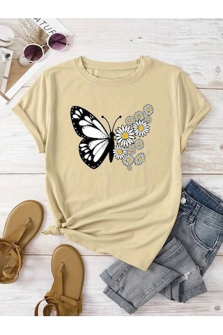 Kadın Pamuklu Ön Baskılı Papatya Kelebek Tasarım Tshirt Bej