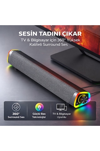 Polham Rgb Işıklı Bluetooth 5.3 Soundbar Hoparlör Güçlü Bas Aux 3.5mm Giriş Tv & Bilgisayar Ses Sistemi