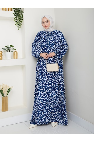 Desenli Önü Büzgülü Viskon Elbise - Mavi / E0131 Mavi