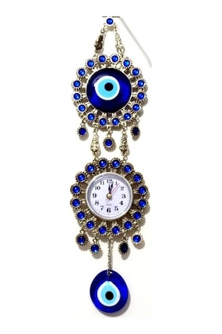 Nikel Zamak Kaplamalı Nazar Boncuklu Gümüş Rengi Mini Duvar Saati Çok Renki