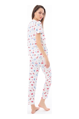 Premium Kadın Pijama Takımı Meyve Desenli Yumuşak Dokulu Kısa Kollu Bisiklet Yaka Krem