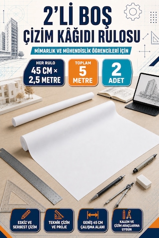 Haydi Dekor 2 Li Boş Çizim Kağıdı Rulosu 45 Cm 2,5 Metre Toplam 5 Metre Mimarlık, Mühendislik, Eskiz, Teknik Çizim Ve Proje Kağıdı
