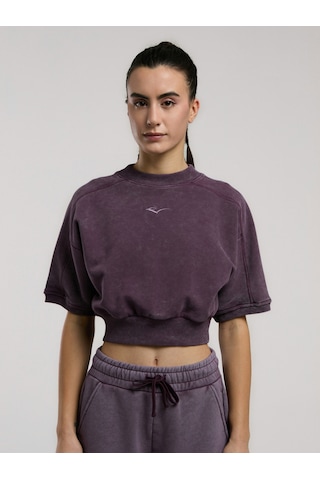 Everlast Bronx 1910 Oversize Mor Crop Kadın Kısa Kollu Sweatshirt Koyu Mor