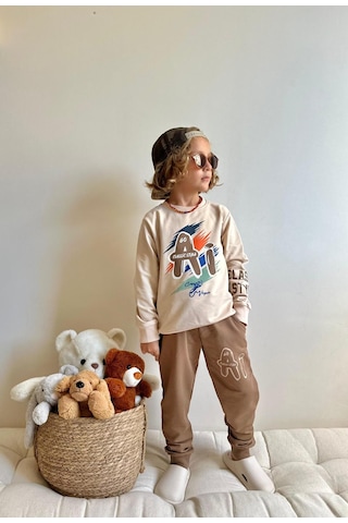 Jolly Kids Erkek Çocuk Yazı Baskılı Sweatshirt Takım Kahverengi