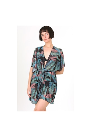 Pareo Plaj Elbisesi Kimono Std Yazlık Oversize Tül Gömlek Kemerli Elbise Leaf Siyah