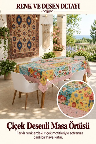 Vivanni Home Yıkanabilir Dikdörtgen Masa Örtüsü Günlük Kullanıma Uygun Pratik Ve Uzun Ömürlü Rengarenk Çiçekli