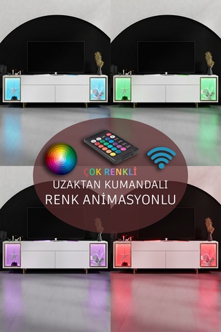 Zenith Gold Demir Ayaklı Rgb Led Işık Sistemli Beyaz Tv Ünitesi Tv Sehpası Beyaz - Altın