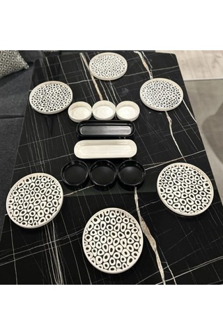 Keramika 14 Parça 6 Kişilik Kahvaltı Takımı Black White Beyaz - Siyah