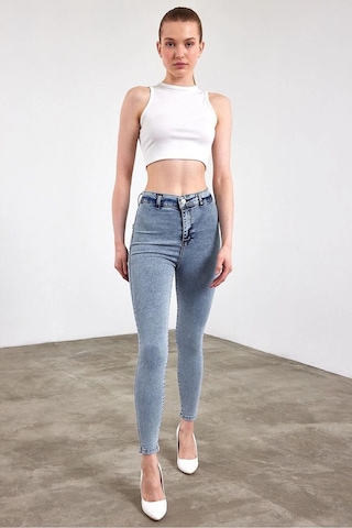 Kar Yıkama Yüksek Bel Skinny Fit Jean Likralı Önü Cepsiz Tayt Pantolon Kar Yıkama