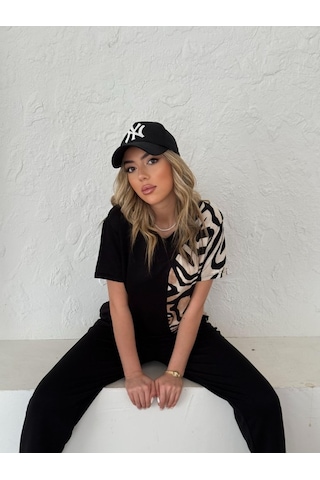 Ahes Shopping Kadın Bisiklet Yaka Kısa Kol Leopar Desen Bluz Ve Pantolon Ikili Takım Siyah