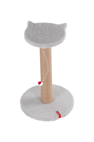 Stepli Kedi Yüzlü Platform Tırmalama Tahtası, Gri Peluş Kaplı, Sisal İpli, Oyuncaklı Gri
