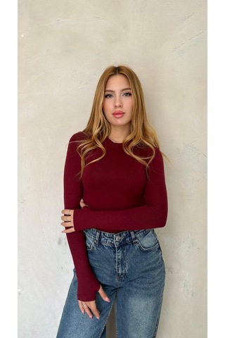 Kadın Bordo Likralı Uzun Kollu Basic Body Fit Kalıp, Esnek Ve Yumuşak Dokulu Bordo