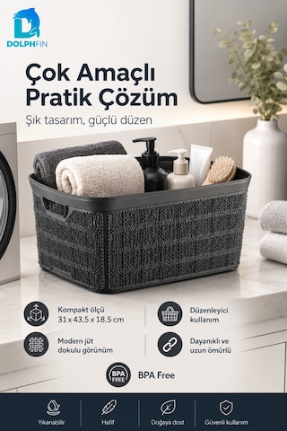 Jute Çok Amaçlı Kutu 18 L Plastik Mutfak Banyo Dolap İçi Düzenleyici Siyah