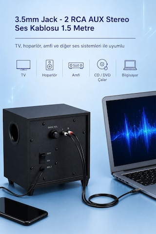 3.5mm Jack - 2 Rca Aux Stereo Ses Kablosu 1.5 Metre, Tv Hoparlör Amfi Ses Sistemi Uyumlu, Kalaylı Bakır İletken, Altın Kaplama Uç, Pvc Kaplama, Parazit Azaltıcı Dayanıklı Kablo A120e