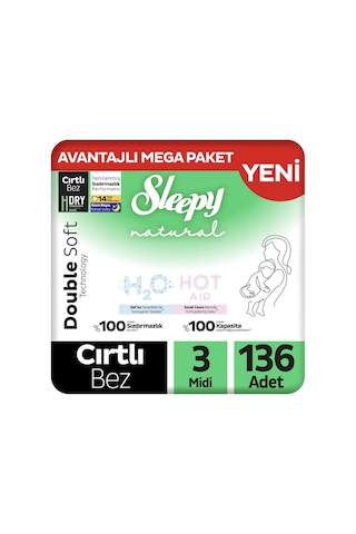 Sleepy Natural Double Soft Avantajlı Mega Paket Bebek Bezi 3 Numara Midi 136 Adet