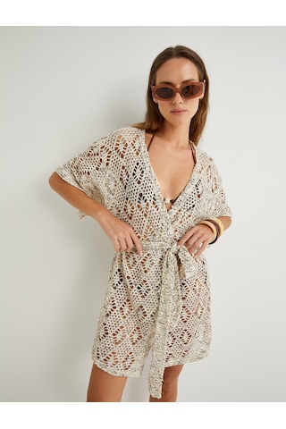 Koton Koton X Şahika Ercümen - Kroşe Kimono Dirsek Boy Kısa Kollu Kemerli Kahverengi Desenli 4sak50690ek Kahverengi