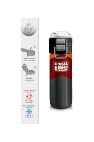 Coral High 500 Ml Paslanmaz Çelik Okul Termosu/suluk/matara - Erkek Çocuk - Turuncu Bordo Desenli - Sızdırma Yapmaz Çok Renkli