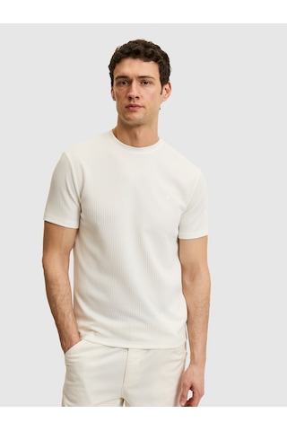 Beyaz Slim Fit Dokulu Bisiklet Yaka T-shirt