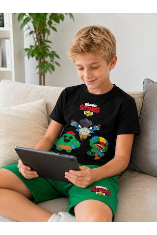 Durukoza Brawl Stars Çocuk Şortlu Takım %100 Pamuk Yazlık 2'li Takım Siyah - Yeşil