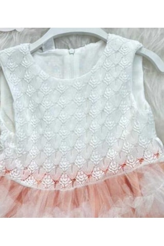 Kız Çocuk Güpür Tül Detaylı Pembe Mor Kat Kat Prenses Elbise Pembe