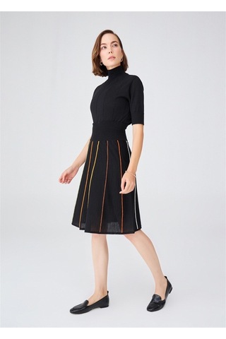 Peraluna Çizgili Yüksek Bel Bol Kesim Diz Altı Kadın Triko Etek S Siyah