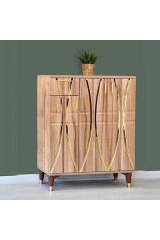 Ada Atlantik Çam Ayakkabılık Gold Şeritli 3 Kapaklı 1 Çekmeceli 90x32x105 Cm