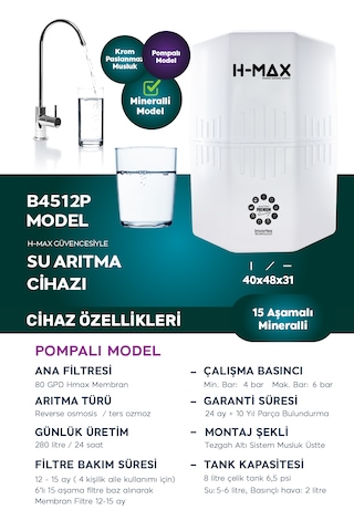 12 Litre Pompalı 15 Aşama Su Arıtma Cihazı Hmaxb4512p